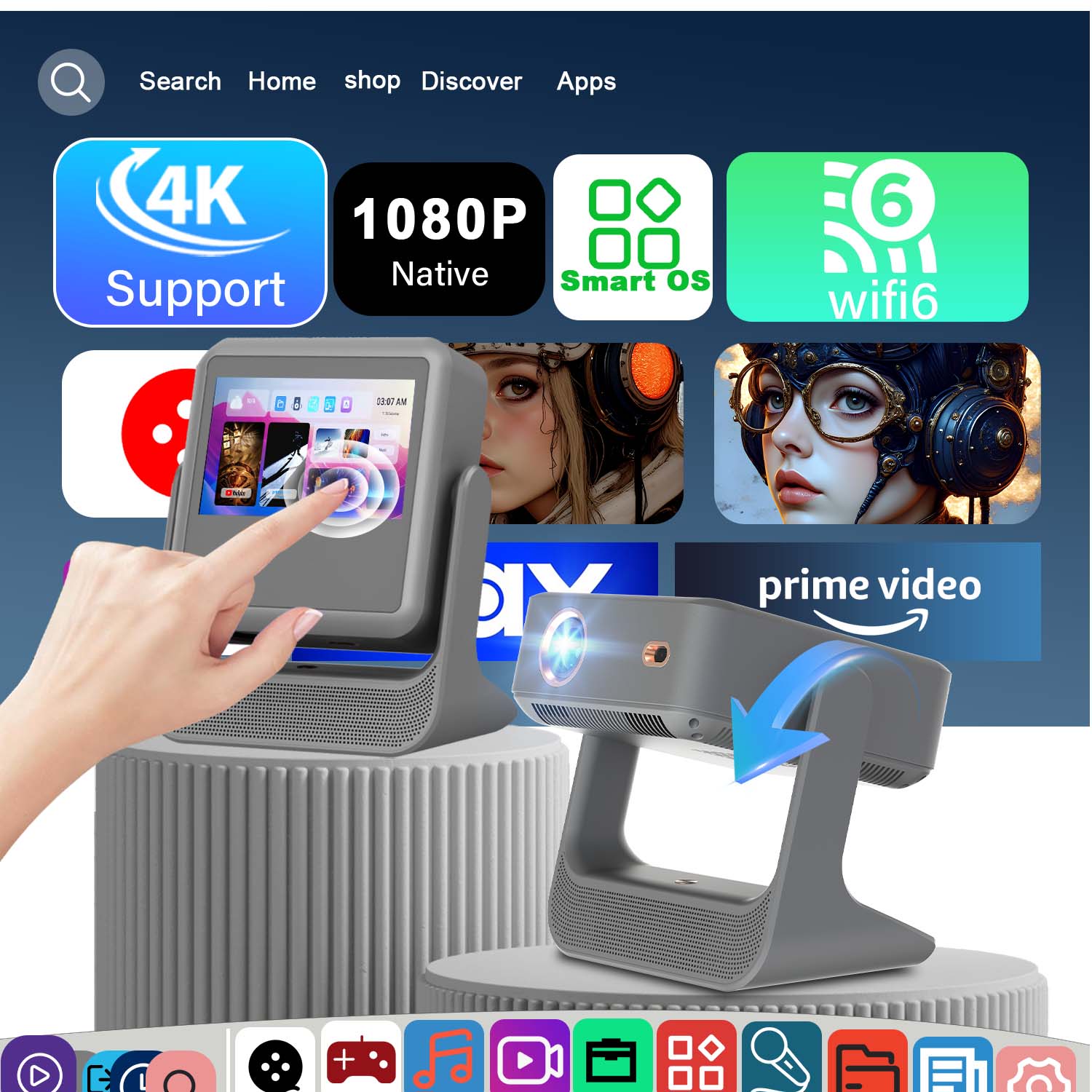 Home Cinema Kids - โปรเจคเตอร์ระบบสัมผัสอัจฉริยะ 7 นิ้ว 4K โฟกัสอัตโนมัติ HDMI