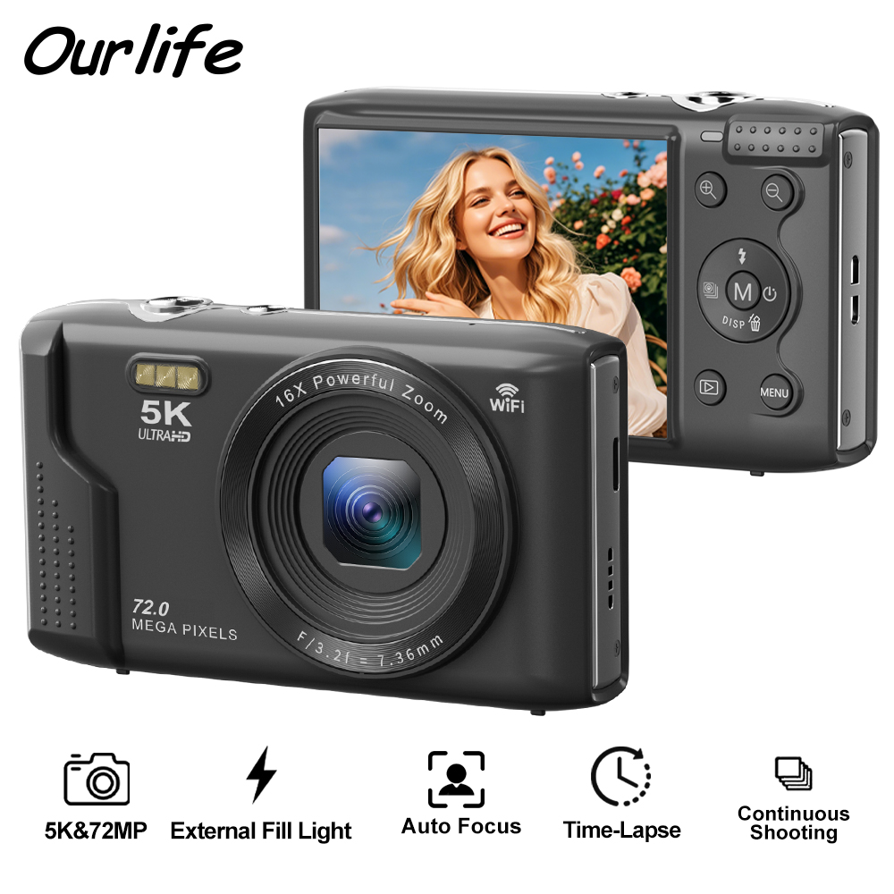 Vintage Home Cinema - กล้องดิจิตอลขนาดกะทัดรัด Ourlife 5K 72MP หน้าจอ LCD