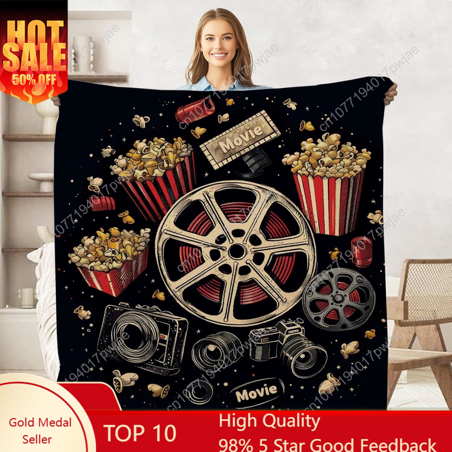 Home Cinema Kids - ผ้าห่มลายตั๋วหนังและป๊อปคอร์นสำหรับผู้ใหญ่และเด็ก ของขวัญสำหรับโรงภาพยนตร์ ผ้าห่มตกแต่งห้องพัก ผ้าห่มนุ่มทำจากผ้าฟลานเนล
