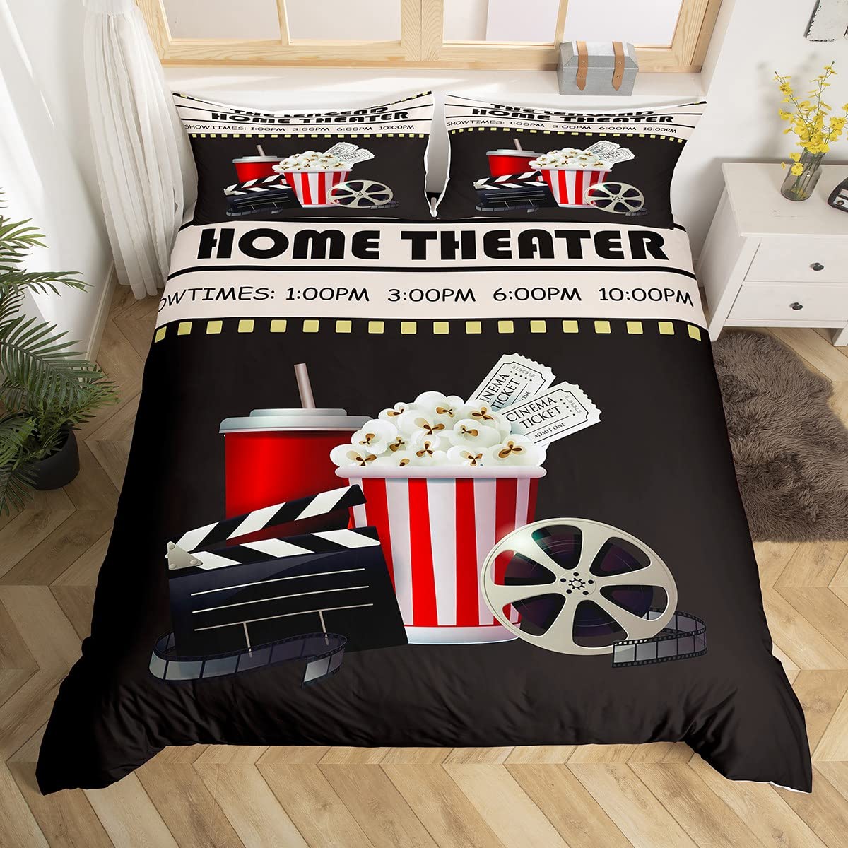 Home Cinema Kids - ปลอกผ้านวมลายตั๋วหนังวินเทจ ชุดเครื่องนอนธีมโรงภาพยนตร์ ลายฟิล์มสตริป ของตกแต่งบ้าน ปลอกผ้านวม ของตกแต่งห้องนอนเด็กและวัยรุ่น